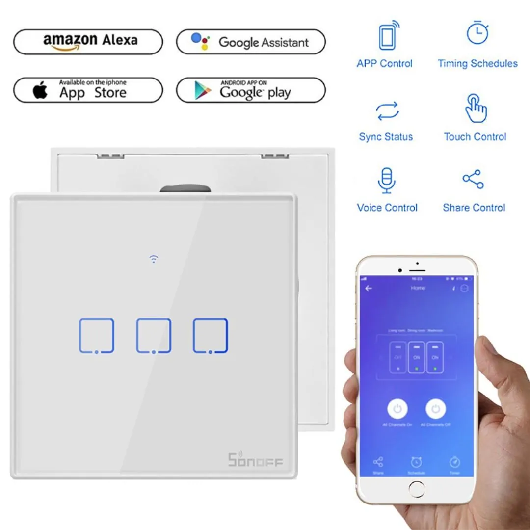 SONOFF WiFi Smart Wall Touch Switch T2 UK 3 Gang- Compatible With Alexa, Google Assistant - White Color