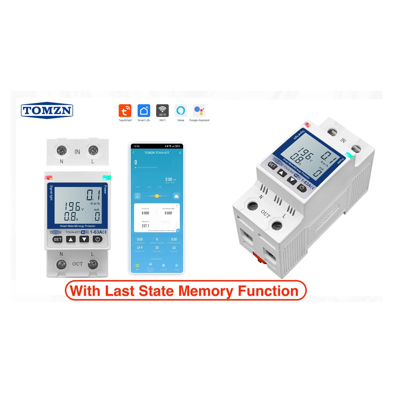 TOMZN TOVA-63T WIFI Circuit Breaker 63A Energy Meter, Timer, Voltage, Current Leakage Protection - Smartlife, TUYA App Support (White Display)