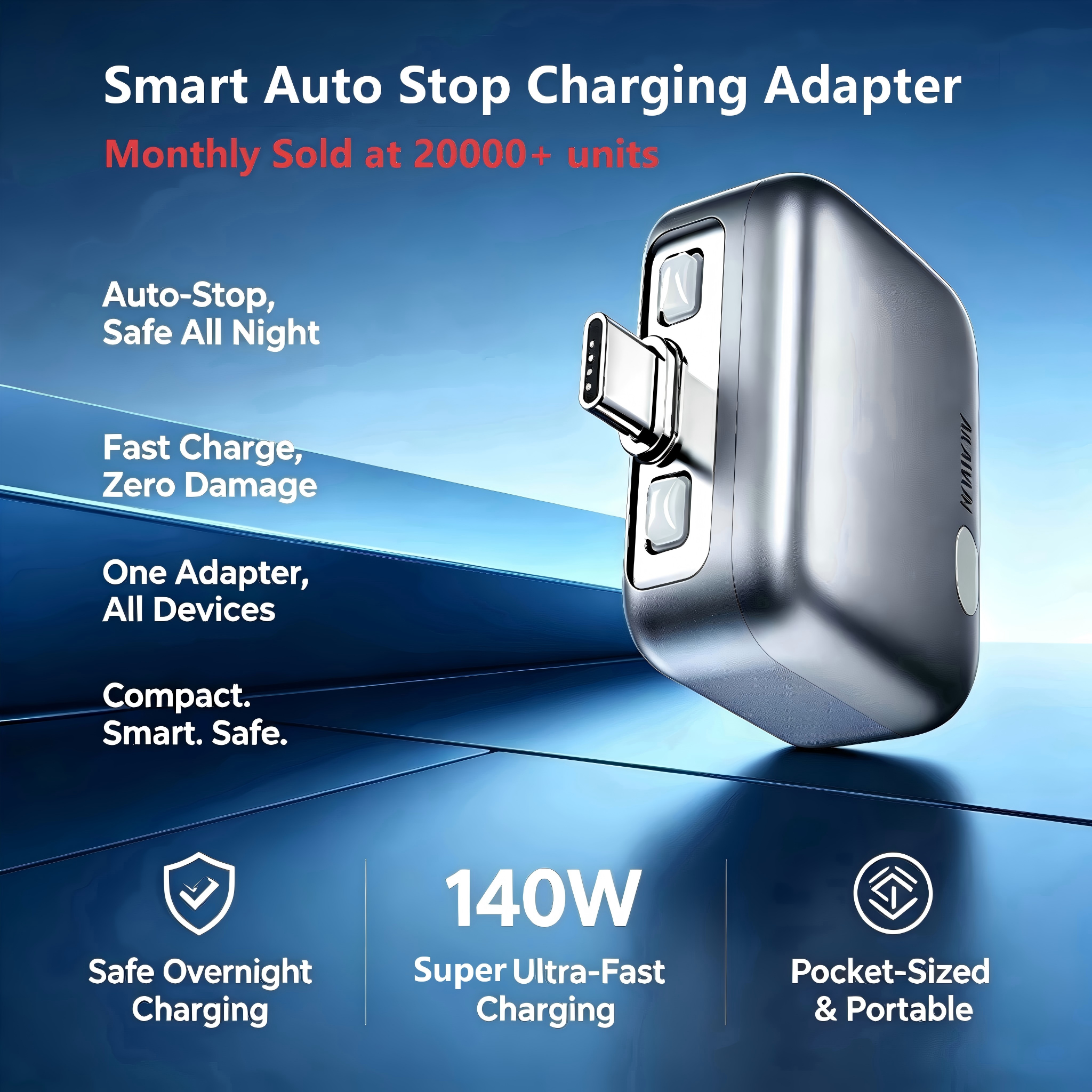 Smart Auto Stop Full Charging Adapter Overcharge Protection – AI Powered Auto Eject USB-C for Smartphone,Laptop Tablet